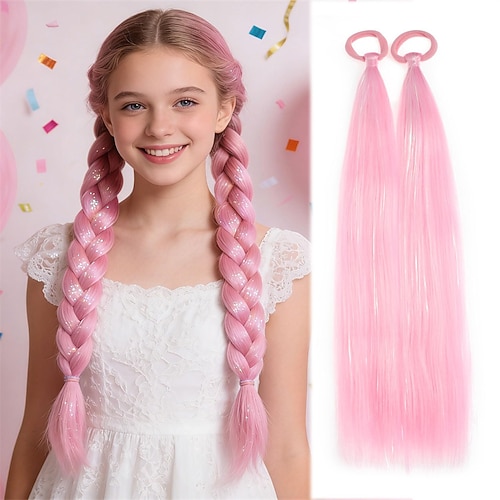 Bunte Haarverlängerungen, rot-weiß-blaue Pferdeschwanzverlängerungen, 2er-Pack, 50 cm lange Haarverlängerungen, Accessoires für verrückte Frisuren, DIY-Festival-Rave-Zöpfe, Glitzer-Mix Image