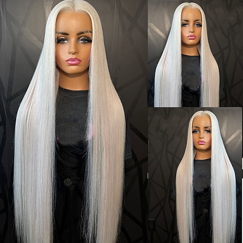 Brasilianische Echthaarperücke (100 % unbehandeltes Echthaar), 5x5-Verschluss, 13x4-Spitzenfront, glattes, aschblondes Haar mit Babyhaaren, natürlichem Haaransatz, kleberfrei, vorgezupft, für Damen Image
