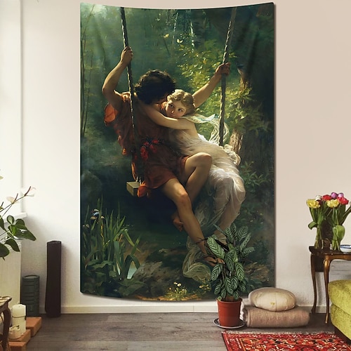 Schaukelndes Rokoko-Kunstwerk: Dame im rosa Kleid auf einer Schaukel, Garten-Amor-Statue, romantischer Wald-Wandteppich, vertikaler Wandbehang für Schlafzimmer, Wohnzimmer, Heimdekoration, Geschenk Image