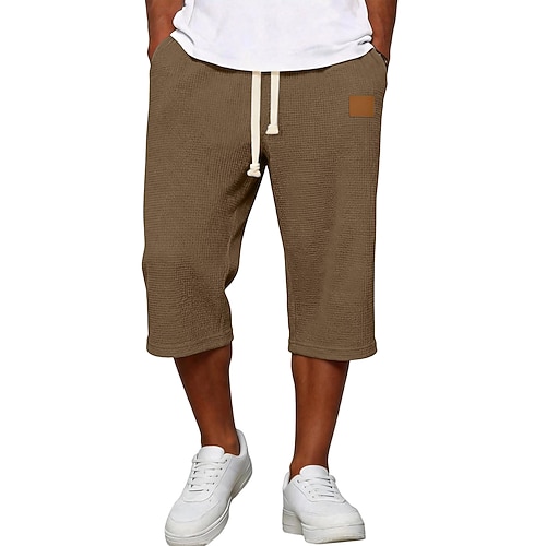 Herren Waffel-Shorts Caprihose Shorts Freizeitshorts Tasche Elastischer Bund Einfach Komfort Atmungsaktiv Wadenlang Lässig Outdoor Strand Urlaub Mode Schwarz Weiß Unelastisch Image