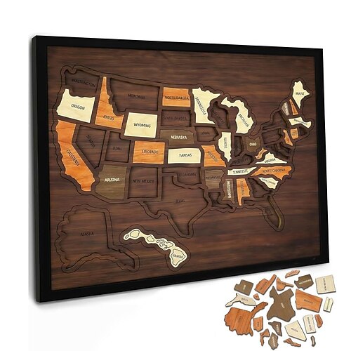 USA-Puzzle aus Holz, lehrreiches Geografie-Werkzeug, 30,5 x 25,4 cm, Reisekarte mit Sehenswürdigkeiten der USA, lustiges Reisespielzeug, realistische Details, für Paare und Familien Image