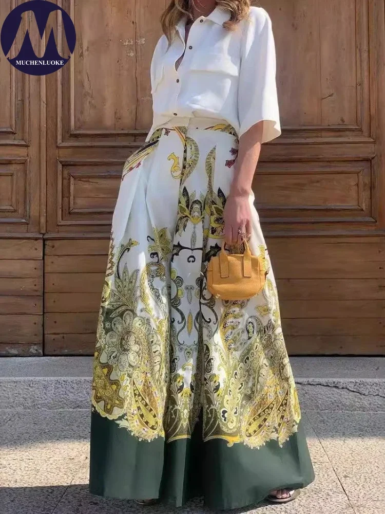 Completo estivo da donna a 2 pezzi, elegante camicia a mezza manica e pantaloni larghi casual alla moda.