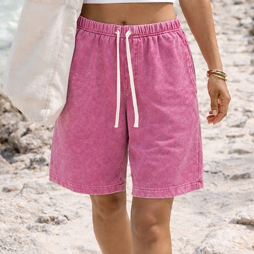 Damen Bermudashorts Shorts Sommershorts Baumwollshorts Urlaub Vintage Mode Knielang Hohe Taille Einfarbig Einfach Kordelzug Elastischer Bund Komfort Weich Atmungsaktiv Mikroelastisch Streetwear Image