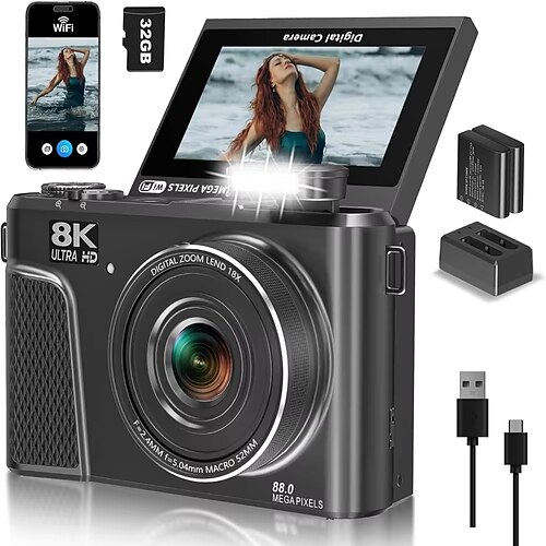 8K-Digitalkamera für Fotografie, 88-MP-WLAN-Vlogging-Kamera für YouTube, 18-facher Zoom, 180°-Klappbildschirm, Kompaktkamera mit 64-GB-SD-Karte, tragbare Point-and-Shoot-Kamera für Anfänger und
