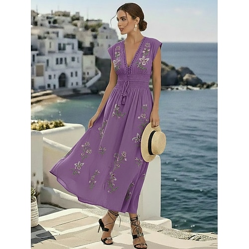 Damen-Midikleid im Bohemian-Stil mit V-Ausschnitt, Blumenstickerei, elastische Taille, Kordelzug, kurze Ärmel, Strandurlaub, rosa, bequem, normale Passform, lässige Sommerkleidung Image