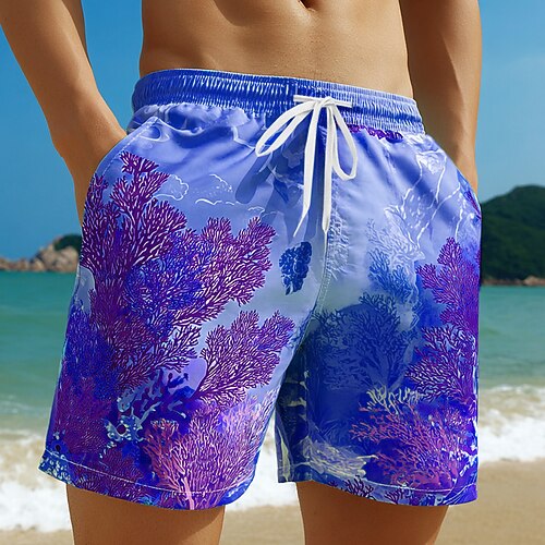 Herren Korallenrot Wasserpflanzen Badehosen Badeshorts Boardshorts Mittlere Taille Hawaiianisch Strandurlaub Seitentaschen Netzfutter Elastischer Kordelzug in der Taille Designer Bekleidung Image