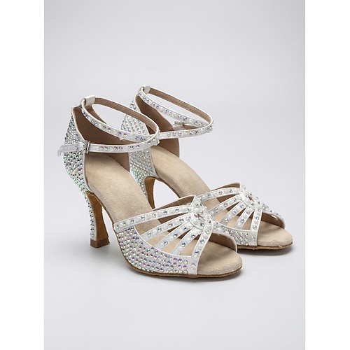 Damen-Lateintanzschuhe mit goldenen Strasssteinen, Riemchendesign, glitzernder Salsa-Absatz Ballsaal-Tanzschuhe für Auftritt und Training Party