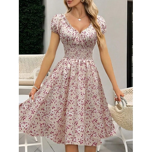 Damen Knielanges Kleid Freizeitkleid A Linie Kleid Blumenkleid Elegant Mode Modern Outdoor Urlaub Ausgehen Normale Passform Blumen Kurzarm V Ausschnitt Rosa Grün Khaki Grau Sommer Frühling Image