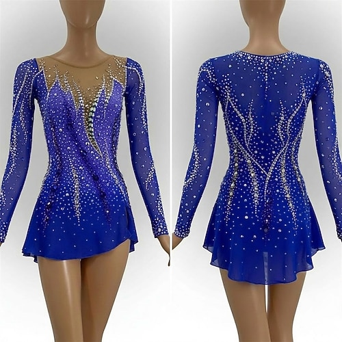 Eiskunstlaufkleid Damen Eislaufen Kleid Marineblau Patchwork Asymmetrischer Saum Dehnbar Training Wettbewerb Eiskunstlaufkleidung Klassisch Kristall / Strass Langarm Eislaufen Eiskundstlauf Image