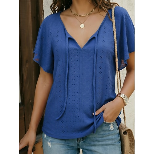 Damen Textur Bluse Oberteil mit Ösen Pointelle Tee Bluse Gerafft Einfach Aktiv Lässig Kurzarm V Ausschnitt Normale Oberteile Lässig Täglich Outdoor Erröten Sie Rosa Schwarz Weiß Rosa Königsblau Image