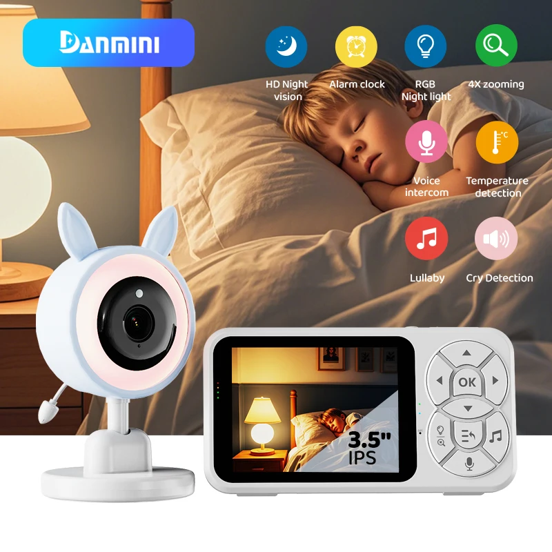 DANMINI neues 3,5-Zoll-RGB-Nachtlicht-Babyphone mit Nachtsicht, Temperaturerkennung, Sprach-Gegensprechanlage, Baby-Nanny-Überwachungskamera