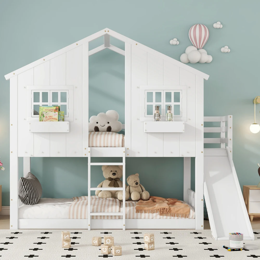 PINGGO Weißes Etagenbett Babybett 90x200cm mit Kinderrutsche Dachfenster Fallschirmgitter 3-Stufen-Leiter Kiefer+MDF Ohne Matratze