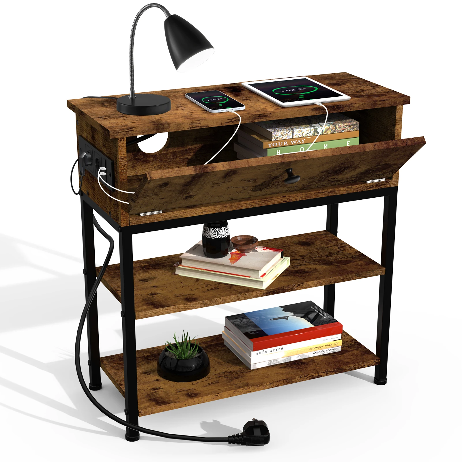 Klappbarer Beistelltisch mit mehreren Steckdosen und Ablagefächern, geräumiges Design, ideal für Wohn- und Schlafzimmer Image