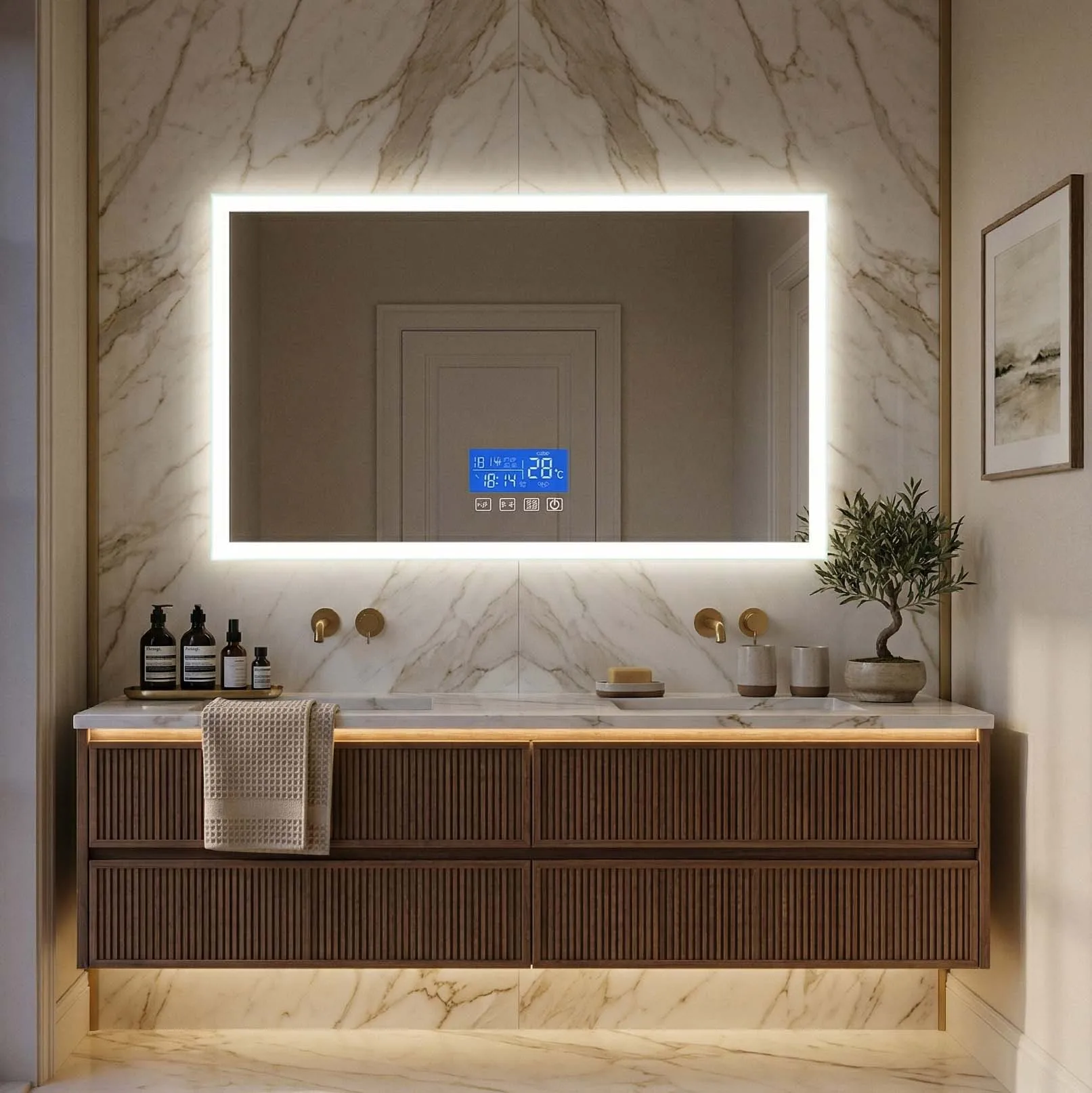 Spiegel mit LED-Beleuchtung für Badezimmer, LCD-Bildschirm (Zeit/Temperatur), taktiles Antibeschlag-System, 3 Farben einstellbar, randloses Design