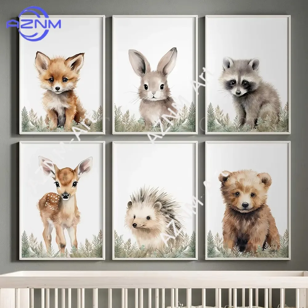 1 Stück/6 Stück Waldtiere Baby-Tierposter Drucke Garten Wald Niedlicher Fuchs Hase Kleiner Bär Rehling Leinwand Wandkunst Schlafzimmer Heim-Dekoration