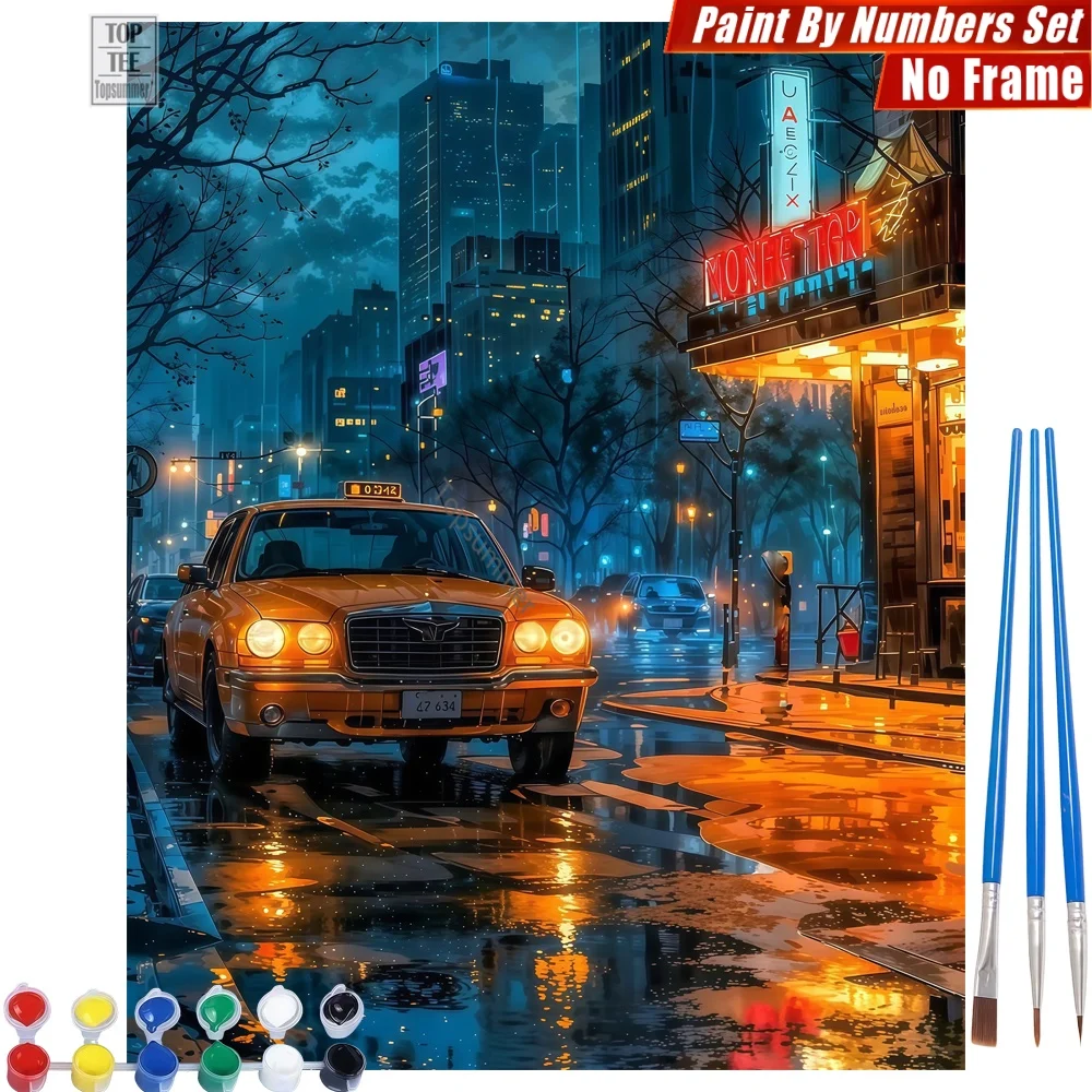 Rainy Taxi Night Malen-nach-Zahlen-Set – Taxi in der Regennacht, künstlerische Aktivitäten, Thanksgiving-Geschenk für Frauen Image