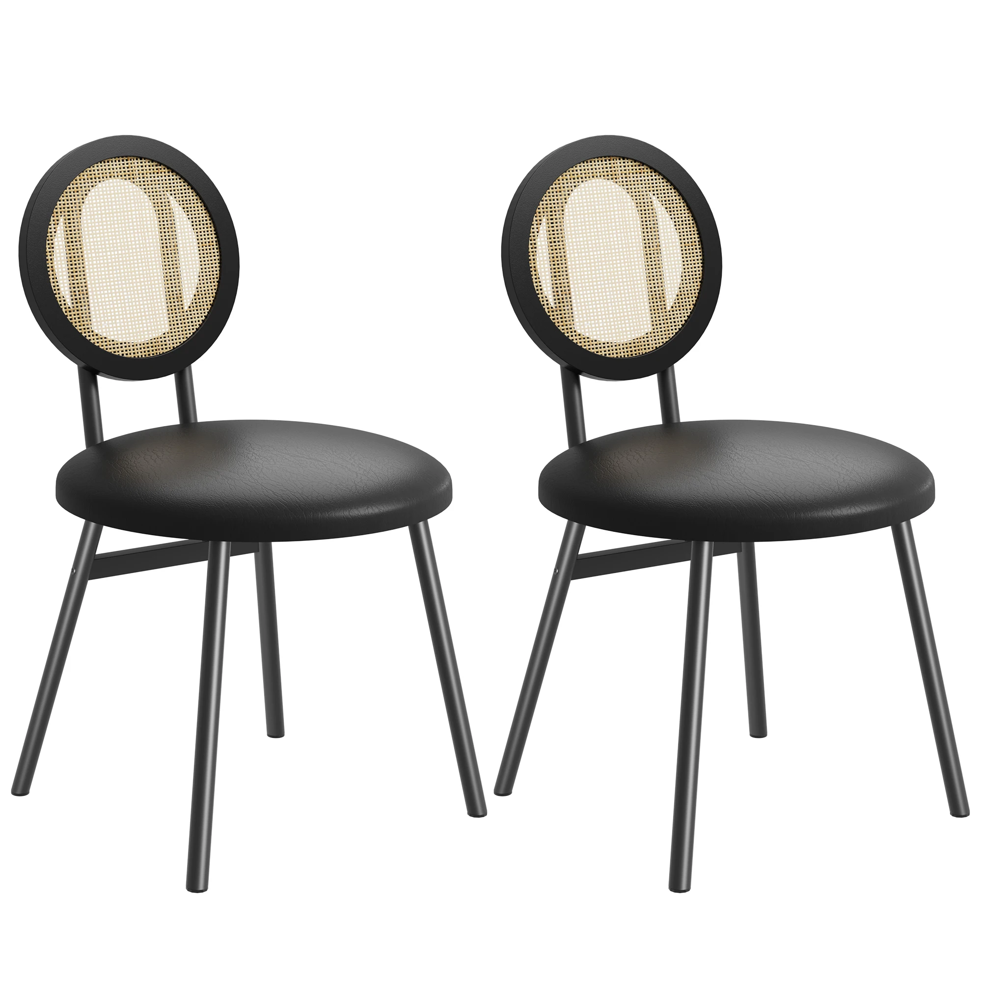 Rattan Esszimmerstühle Set PU-Leder Gepolsterte Küchenstühle mit Runder Rückenlehne, Moderne Seitenstühle für Esszimmer, Wohnzimmer