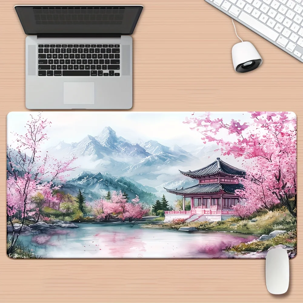 Extragroßes Mauspad mit Pfirsichblüten- und Kirschlandschaftsmotiv, Schreibtischunterlage aus Gummi mit traditioneller asiatischer Architektur Image