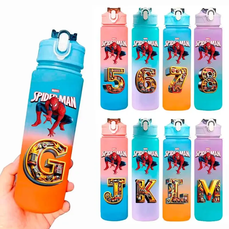 750ml Spider-Man Trinkflasche mit Farbverlauf und Strohhalm, auslaufsichere Kunststoff-Wasserflasche für Studenten, tragbare Trinkflasche für Outdoor und Camping Image
