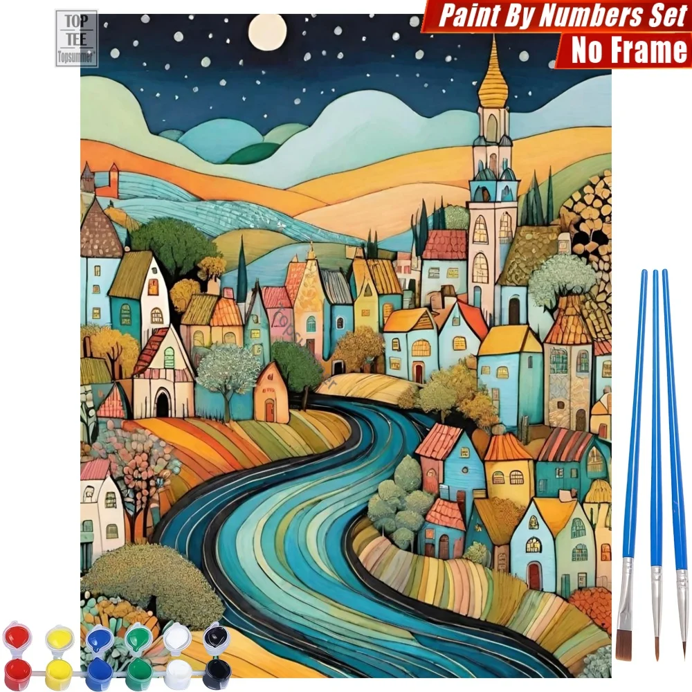 Märchenhafter, gewundener Fluss Malen-nach-Zahlen-Set – Bunte Häuser, sternenklar, hochwertiges Familien-Geschenk zum Geburtstag für den Sohn Image