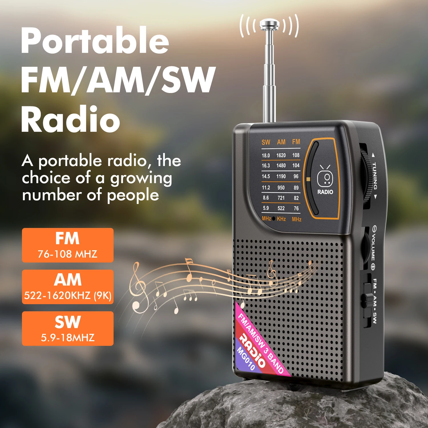 Tragbares AM/FM/SW-Radio mit großem Lautsprecher und mehreren Eingängen (TYPE-C/USB/AUX). Kompaktes Design, überlegene Klangqualität. (SCHWARZ) Image