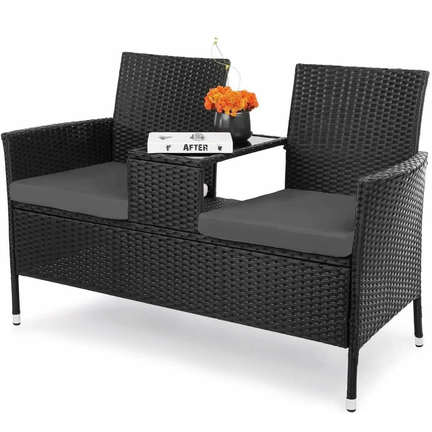 Gartenmöbel-Set mit Outdoor-Stühlen aus Korbgeflecht und Rattan, Glastisch und Weichen Kissen, für Hinterhof, Rasen, Poolbereich und Terrasse