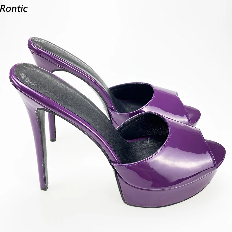 Rontic Frauen Plattform Maultiere Sandalen Glänzend Hausschuhe Unisex Stiletto Ferse Peep Toe Wunderschönen Dunklen Lila Party Schuhe Größe 35-52