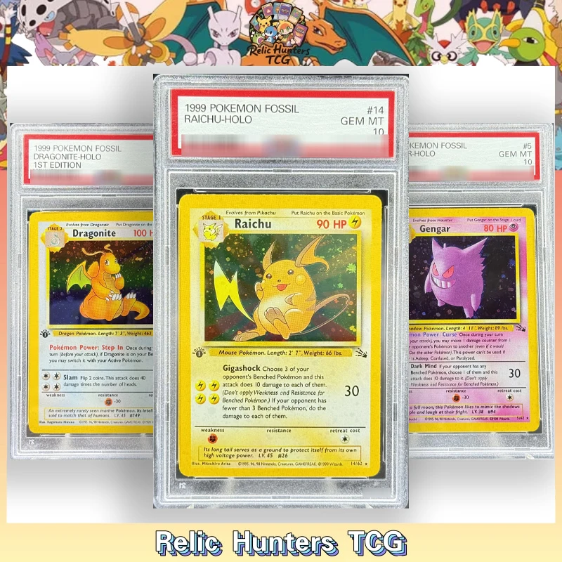 1999 PKM Fossil Series Set Raichu Gengar Dragonite Holo 1. Auflage 10 Scored Grade P/S/A10 Hobby-Sammelkarten Englisch Image