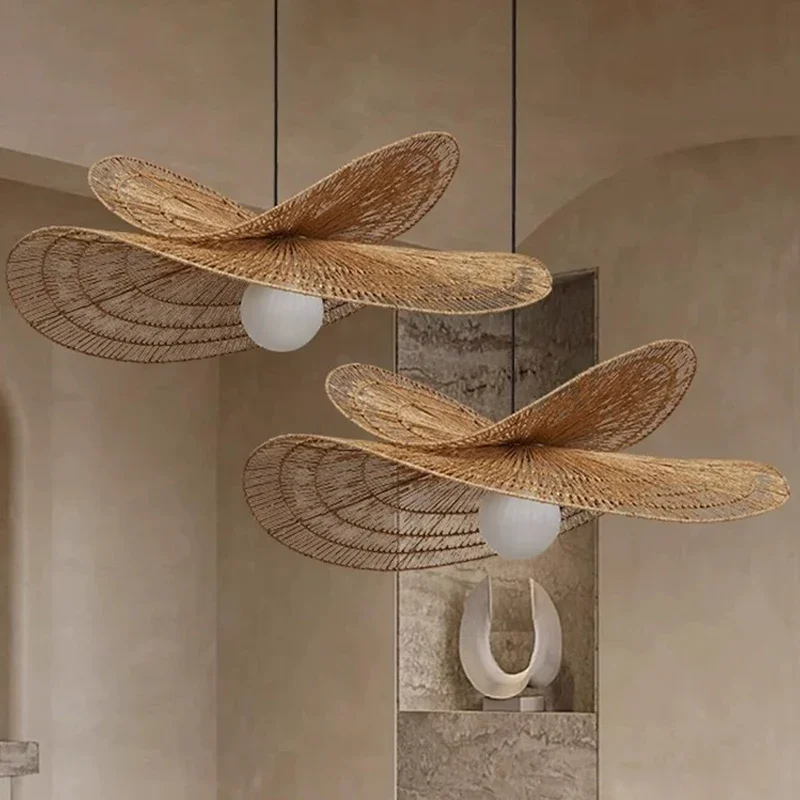 Wabi Sabi Rattan Kronleuchter Retro LED Weben Pendel leuchte für Esszimmer Schlafzimmer Restaurant Bar Vintage Hanf Seil Pendel leuchte