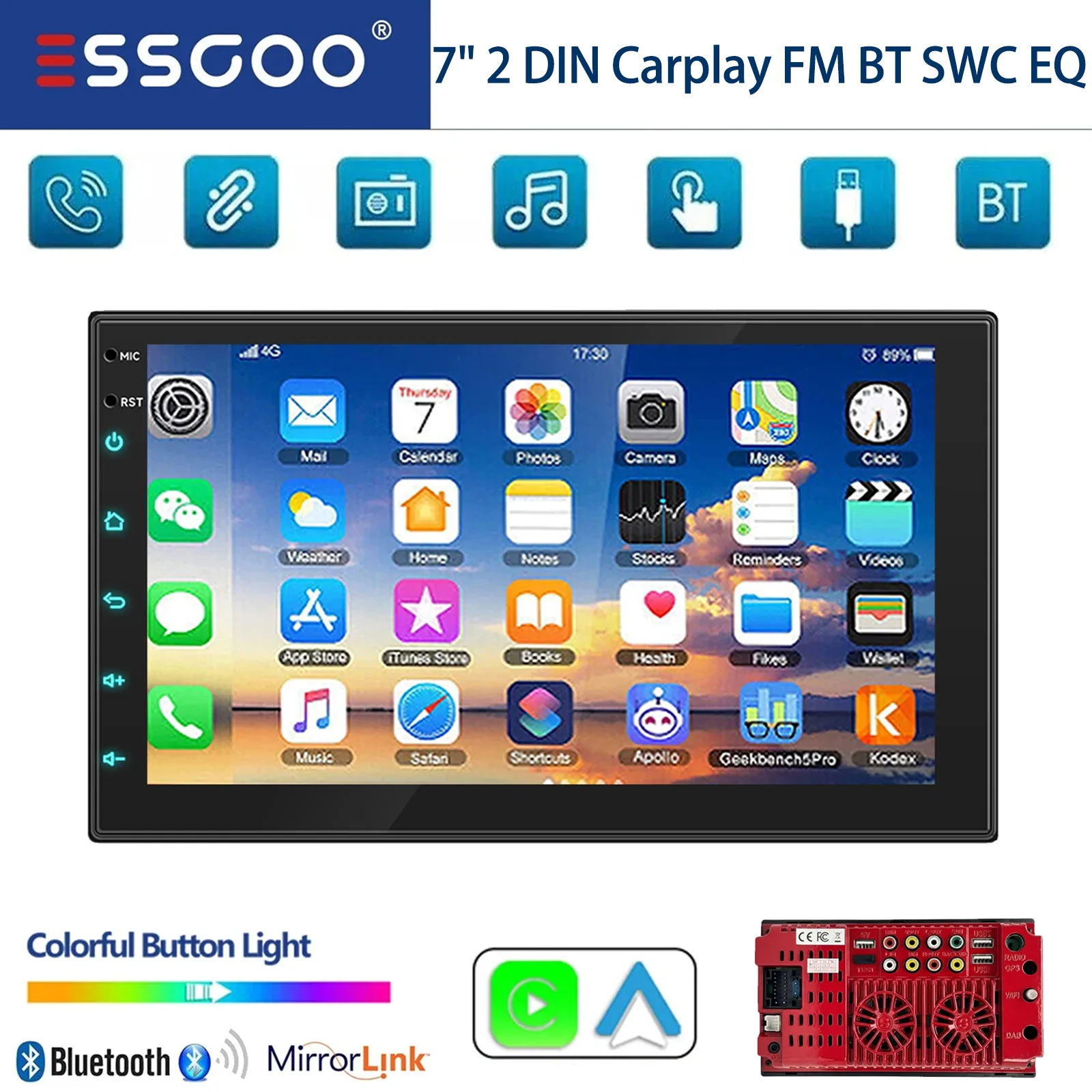ESSGOO 7-Zoll-Autoradio MP5-Player mit Wince-System, Bluetooth, kabelgebundenem Carplay, Android Auto, AM/FM, SWC, EQ, Mirrorlink und 7-farbiger Beleuchtung Image