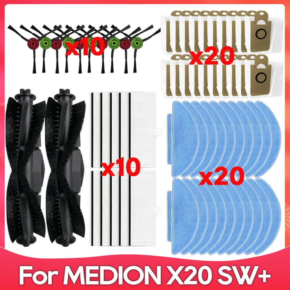 Kompatibel für ( MEDION X20 SW+ / MD11415 ) Walze, Seitenbürste, Hepa-Filter, Wisch-Tuch, Staubbeutel, Zubehör. Image