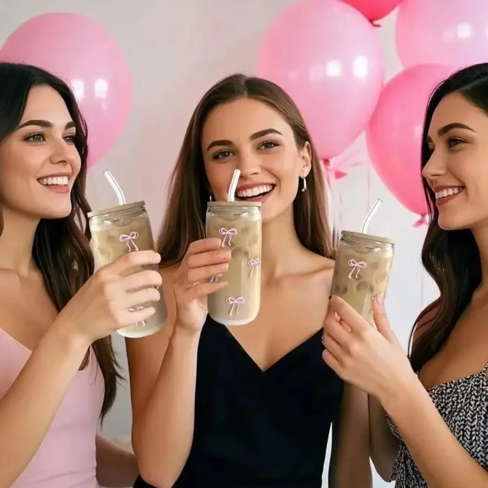 Niedliche 500-ml-Glasbecher mit Schleife, mit Deckel und Strohhalm, Trinkgefäße, Trinkbecher, Geschenk für Mädchen Image