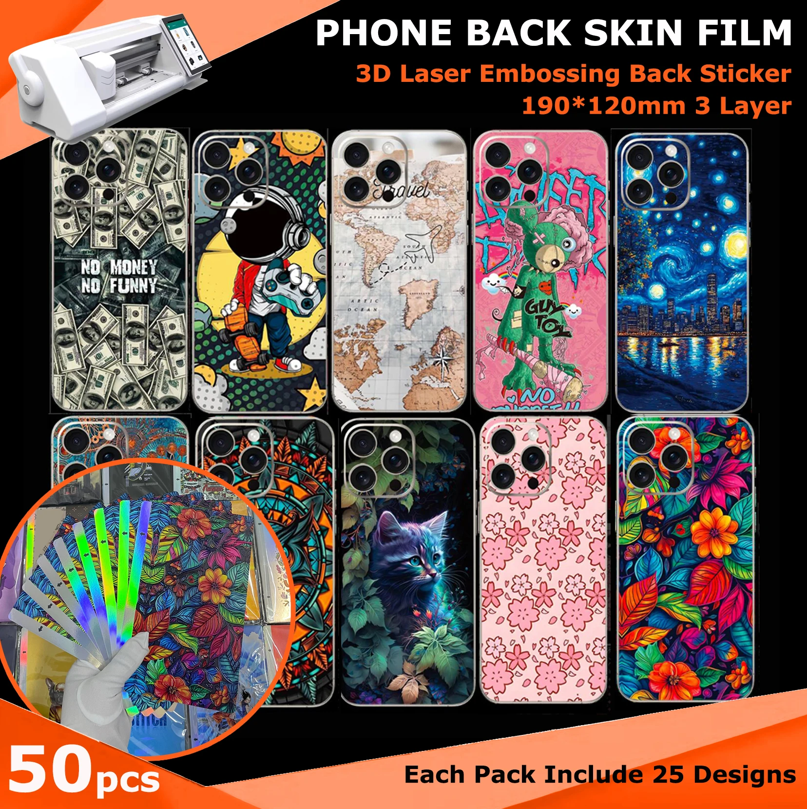 50 Stück 190 x 120 mm 3D-Rückhaut-Aufkleber für Plotter-Schneidemaschine. Verwenden Sie hintere Filme, Dekorationsaufkleber mit individuellem Design Image