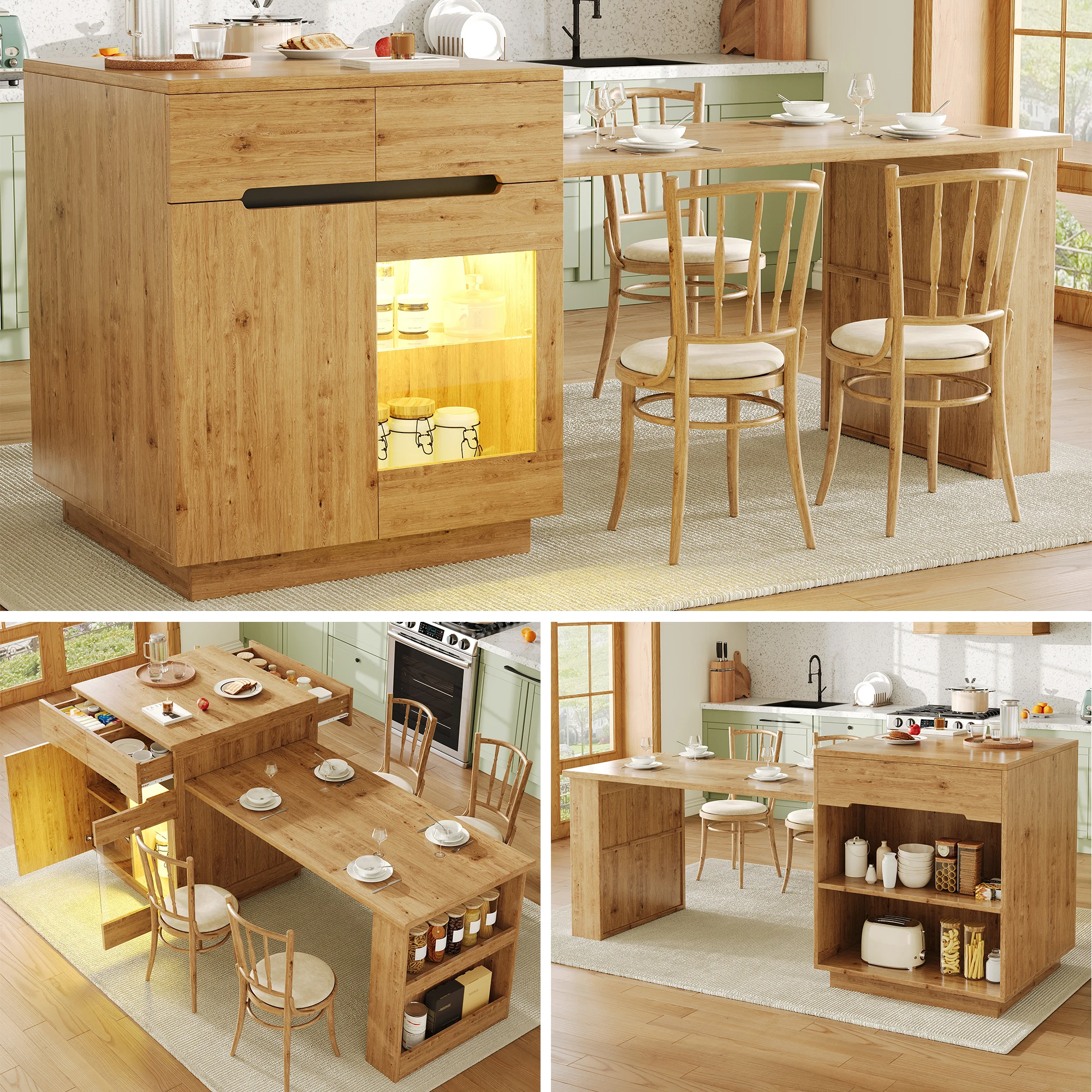 Multifunktionale Moderne Kücheninsel Buffetschrank Barschrank, Fester Servierwagen mit Ausziehbarem Tisch, mit LED-Beleuchtung Image