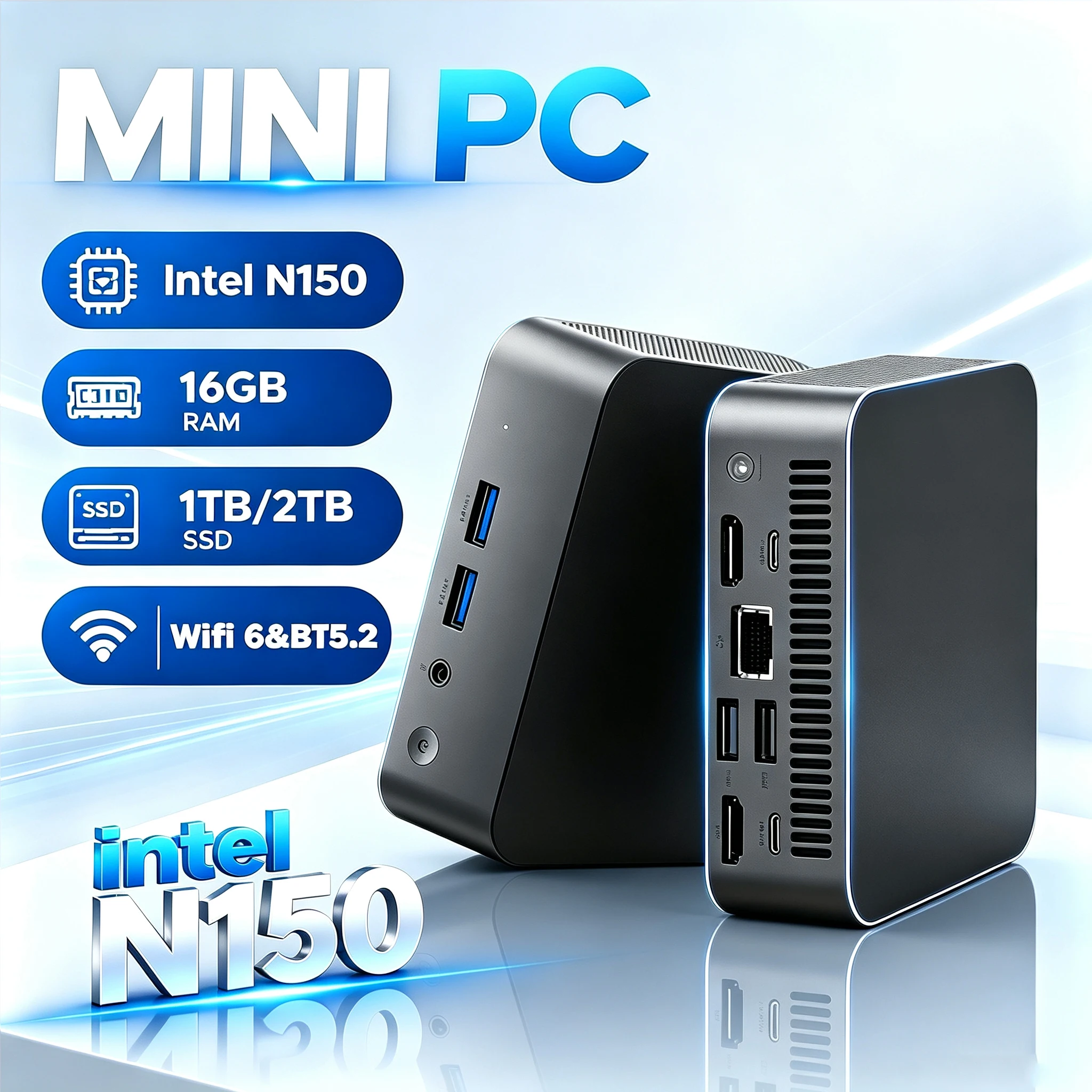 Mini PC Intel N150/Intel I3-6100U Windows 11 16 Go DDR4 1 To/2 To SSD M.2 PC portable Gamer UHD Graphics Mini PC de bureau