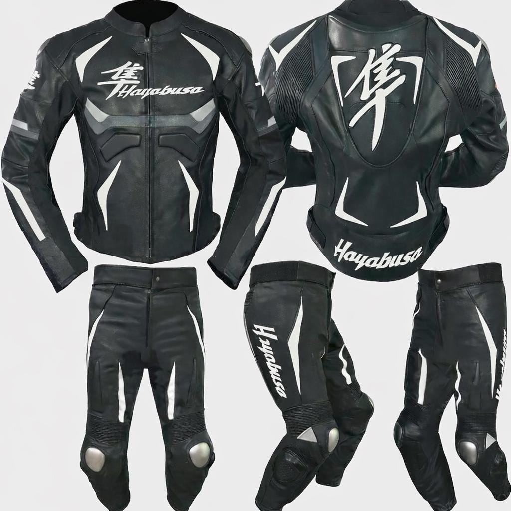 Tuta da moto da corsa Suzuki Hayabusa in pelle bovina con protezioni omologate CE. Nuova tuta da motociclista Suzuki da uomo - Abbigliamento da moto.