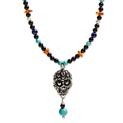 Skull with Treasure,'Taxco Sterling Silver Mexican Skull Necklace with Gemstones'