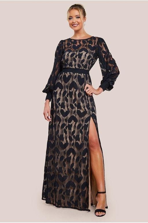 Lace Front Split Long Sleeve Maxi Dress - Black - Goddiva Dresses