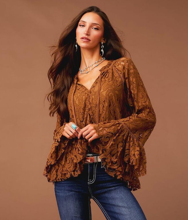 Ruffle Lace Top - Brown - Sterling & Stitch Tops