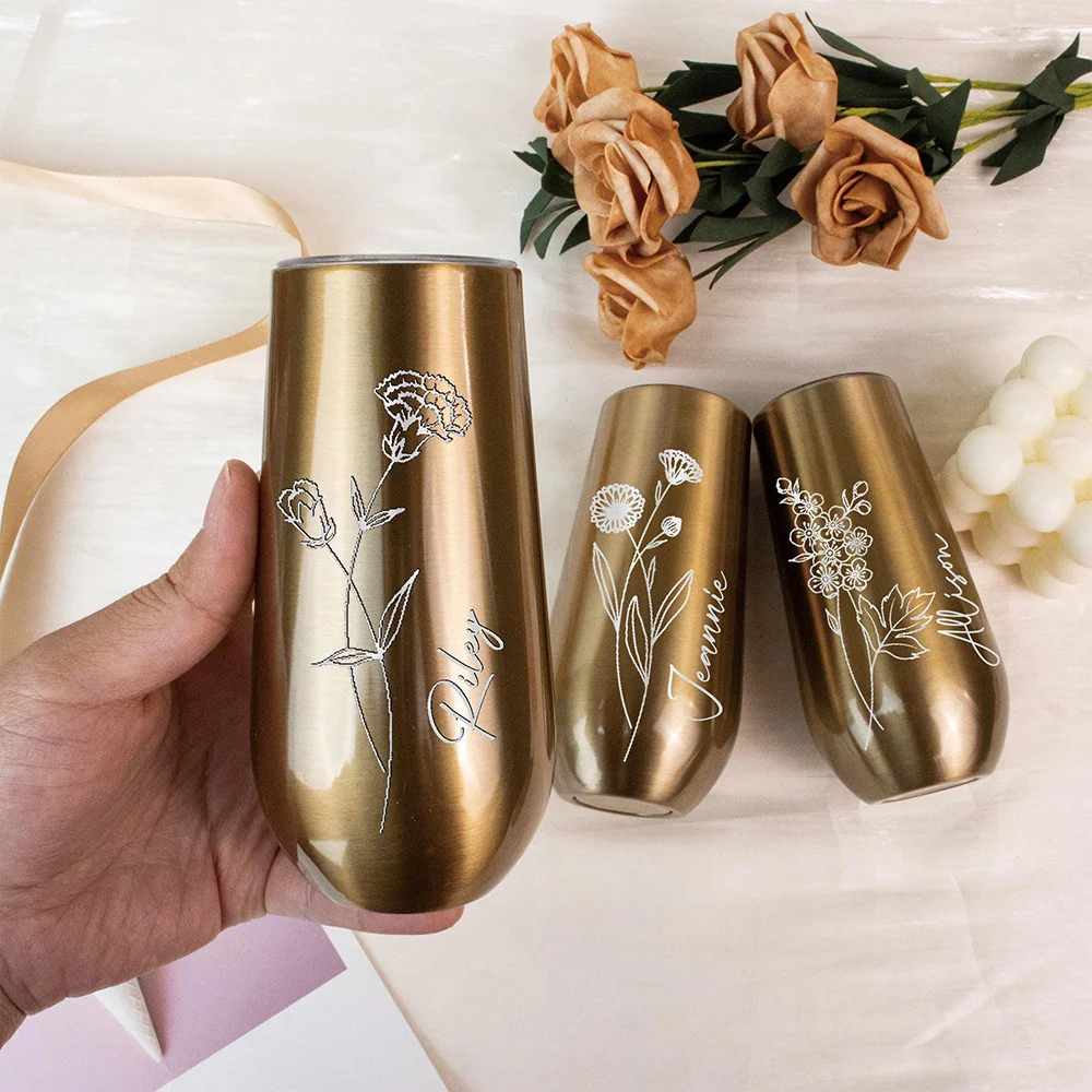 Gobelet isotherme personnalisé avec logo pour vin, champagne, bière, 6 oz avec couvercle, gobelet sans pied en acier inoxydable rose gold, thermos isotherme