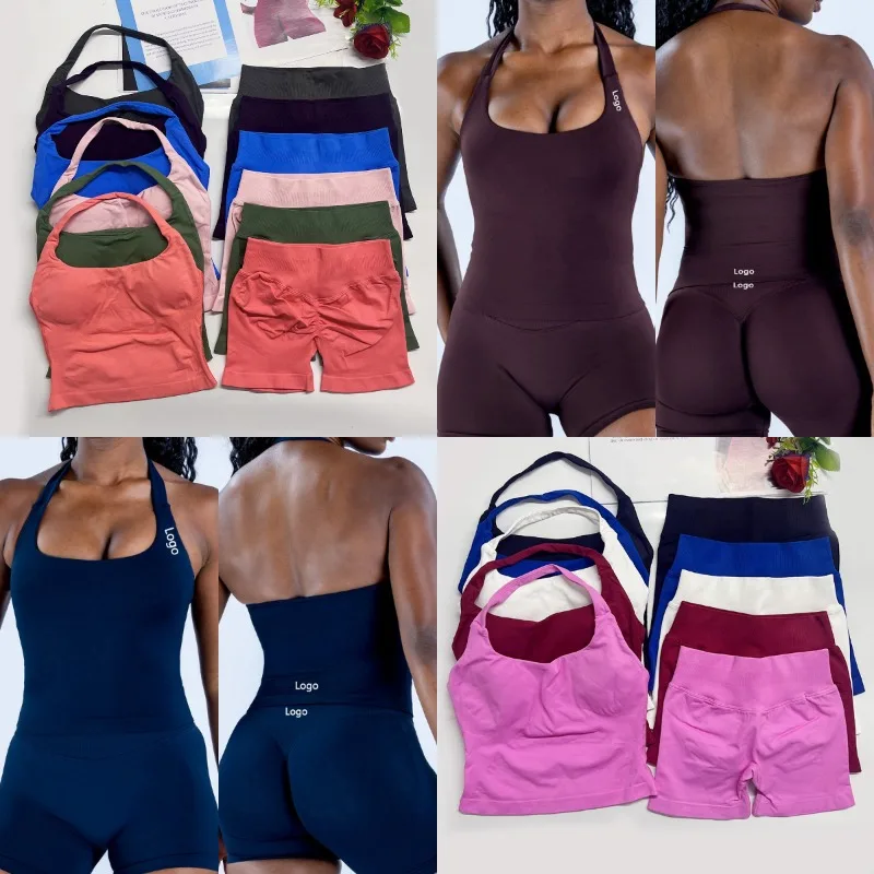 Tenues de yoga pour femmes, ensemble 2 pièces DF Sports Impact, haut dos nu à bretelles, short sans couture à effet push-up, tenue de sport pour la gym et les entraînements