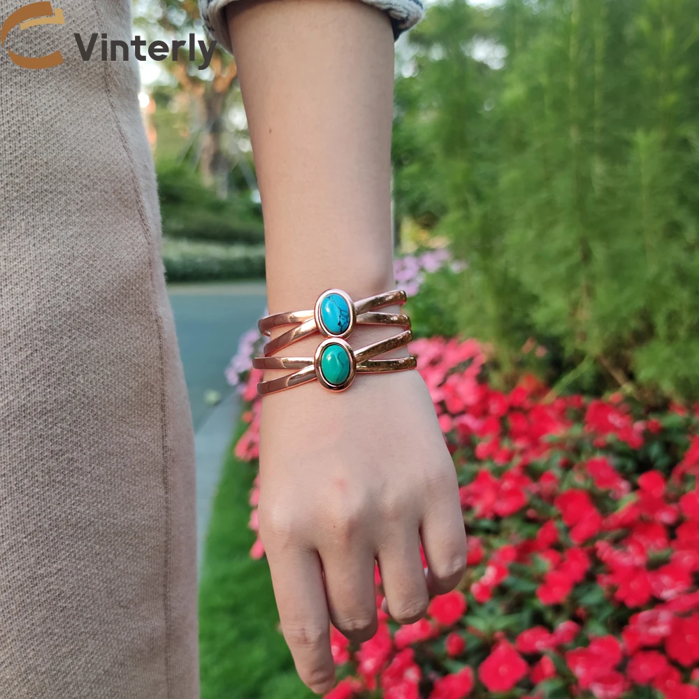 Braccialetti in rame puro per donna Braccialetti magnetici con polsino aperto regolabile in pietra blu Artrite Gioielli energetici salutari Femme Ridimensionabili