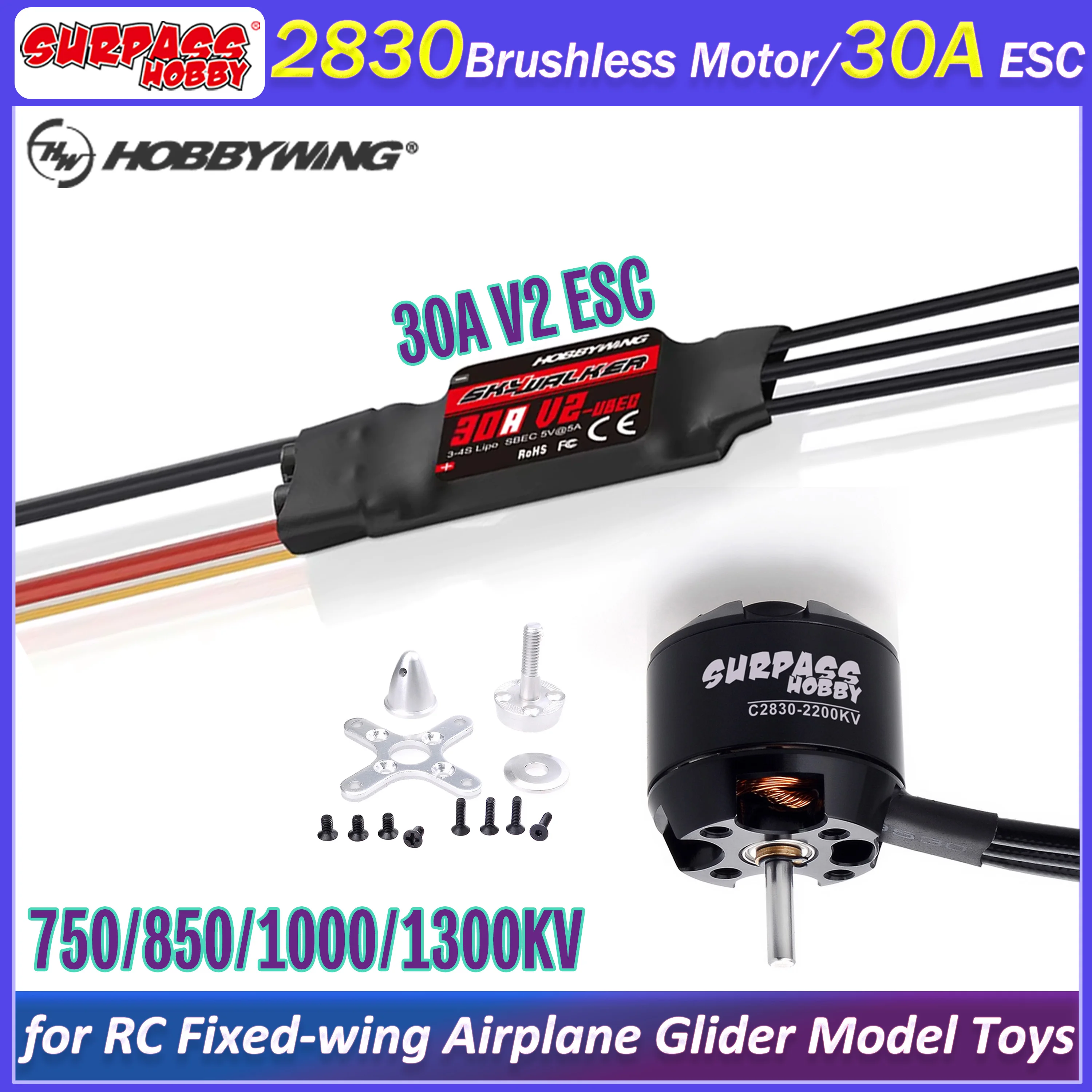 SURPASS HOBBY 2830 750KV 850KV 1000KV 1300KV Outrunner Brushless Motor mit Skywalker 30A V2 ESC für RC-Flugzeuge und Segelflugzeuge