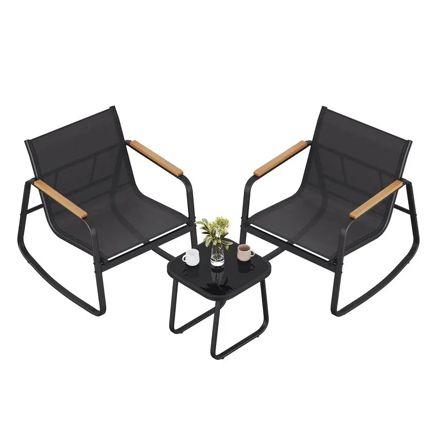Garden Furniture Set, Patio Furniture, 2 Rocking Chairs and Table, Outdoor Furniture, Steel, with Armrests, Breathable Syntheti