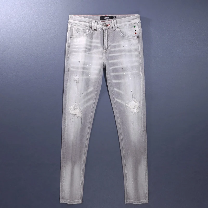 Straße Designer Mode Männer Jeans Retro Grau Stretch Slim Fit Gemalt Zerrissene Jeans Männer Loch Gepatcht Marke Vintage Denim Hosen