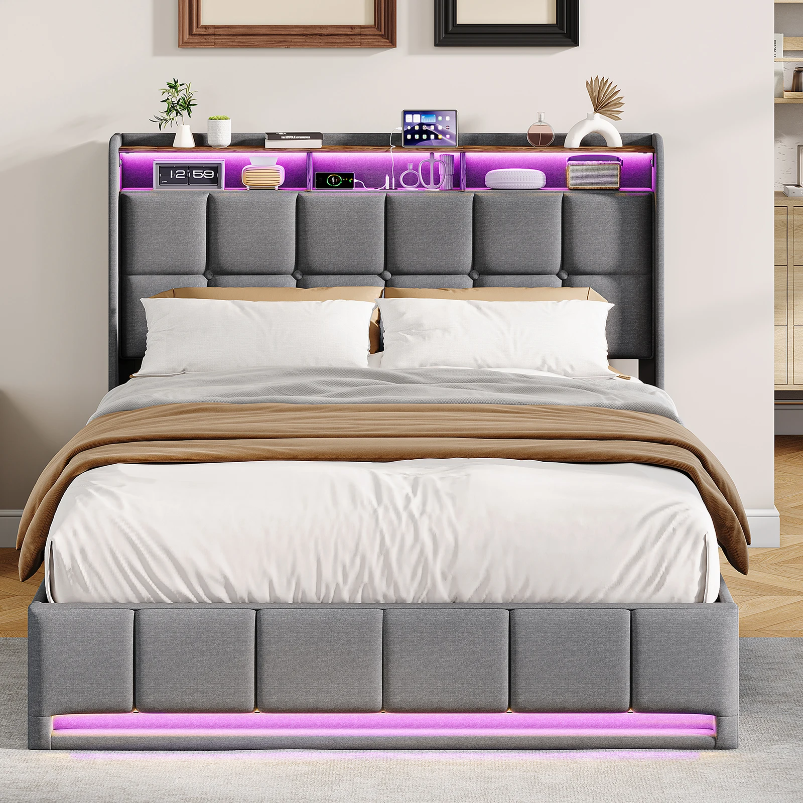 Comanlai Polsterbett, Leinenstoff, mit LED-Beleuchtung und Stauraum, Hydraulisches Bett, mit USB-Ladefunktion und Lattenrost Image