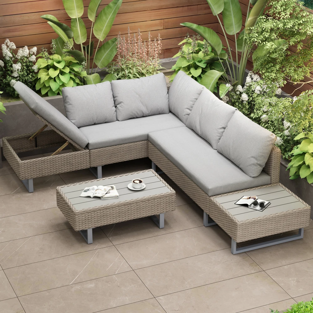 Polyrattan-Gartenmöbel, Sofa-Lounge, für 4-5 Personen, Ecksofa, Tisch & Polsterung, abnehmbarer und waschbarer Stoffbezug