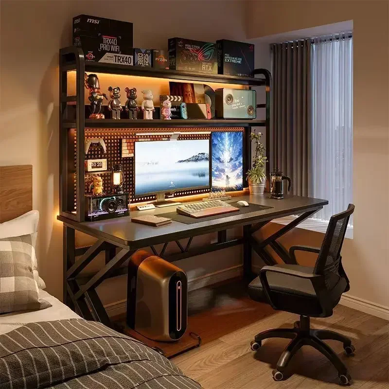 Minimalistischer Schreibtisch mit integriertem Bücherregal und Lochplatte, Schlafzimmer-E-Sport-Tisch, Desktop-Computertisch