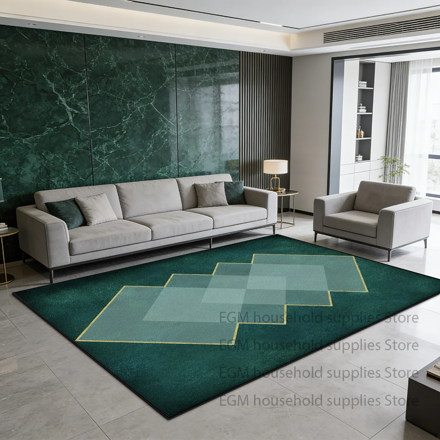 Luxuriöse moderne Teppiche, geometrische Wohnzimmerdekoration, grün-goldener Teppich, Schlafzimmer, waschbar, rutschfest, anpassbare Bodenmatte, Nachttisch Image