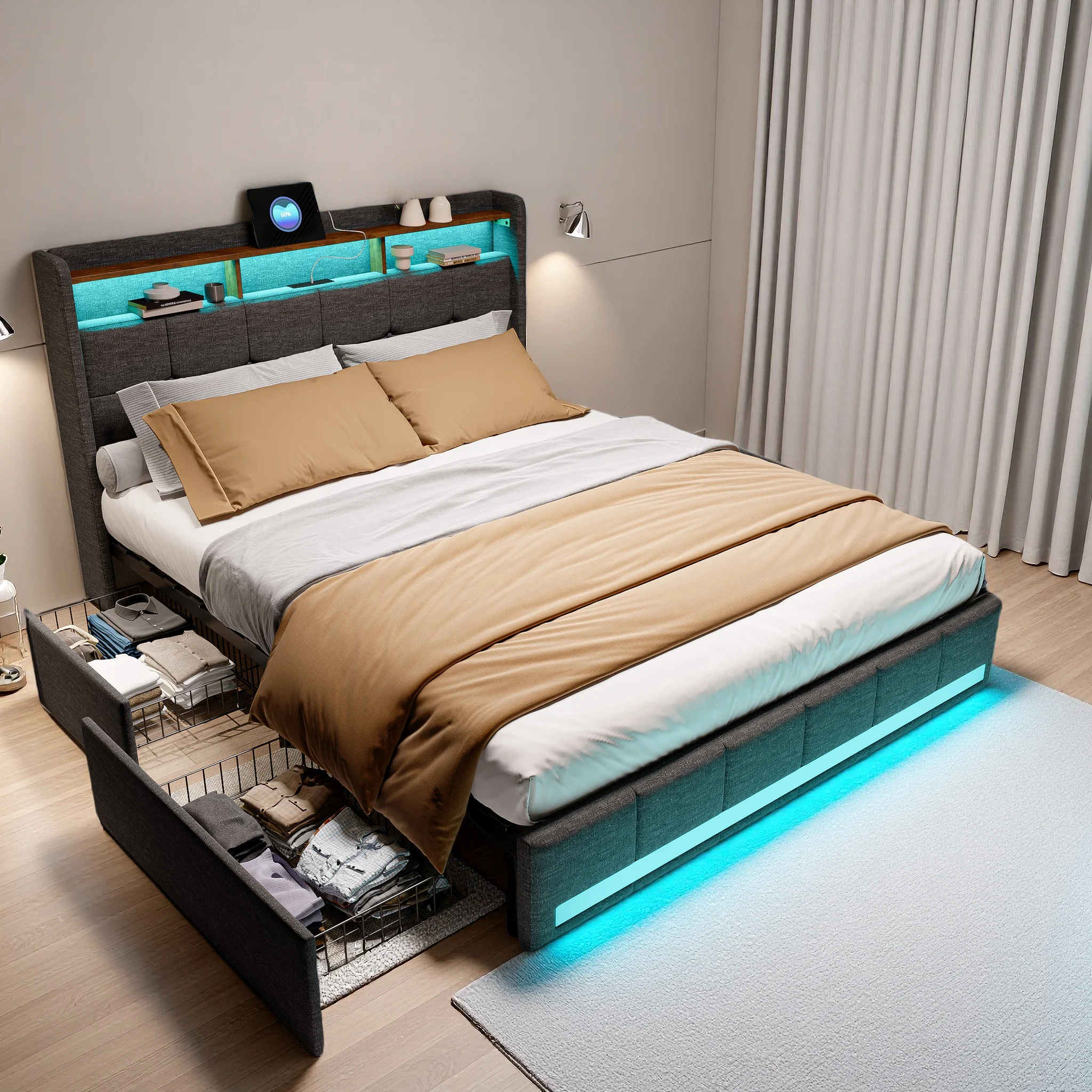 Polsterbett 180x200 cm, Doppelbett mit 4 Stauraum Schubladen, Stauraumbett Bettgestell mit Lattenrost, Kopfteil mit LED und USB Ladefunktion, Jugendbett Funktionsbett, Leinen, Ohne Matratze, Grau